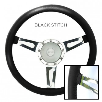 LIMITED EDITION EXMOOR WILLIAM BLACK LEATHER SILVER SPOKED 15" STEERING WHEEL (BLACK STITCH) WITH LARGE 48 SPLINE SILVER BOSS