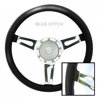 LIMITED EDITION Exmoor William Black Leather Silver Spoked 15" Steering Wheel (Blue Stitch) With Large  48 Spline Silver boss