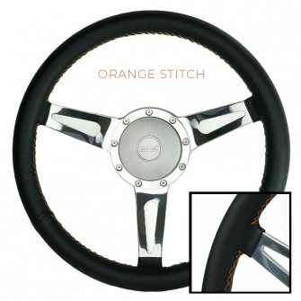 LIMITED EDITION Exmoor William Black Leather Silver Spoked 15" Steering Wheel (Orange Stitch) With Large 48 Spline Silver Boss