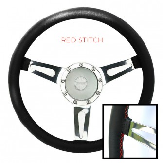 LIMITED EDITION Exmoor William Black Leather Silver Spoked 15" Steering Wheel (Red Stitch) With Large 48 Spline Silver Boss